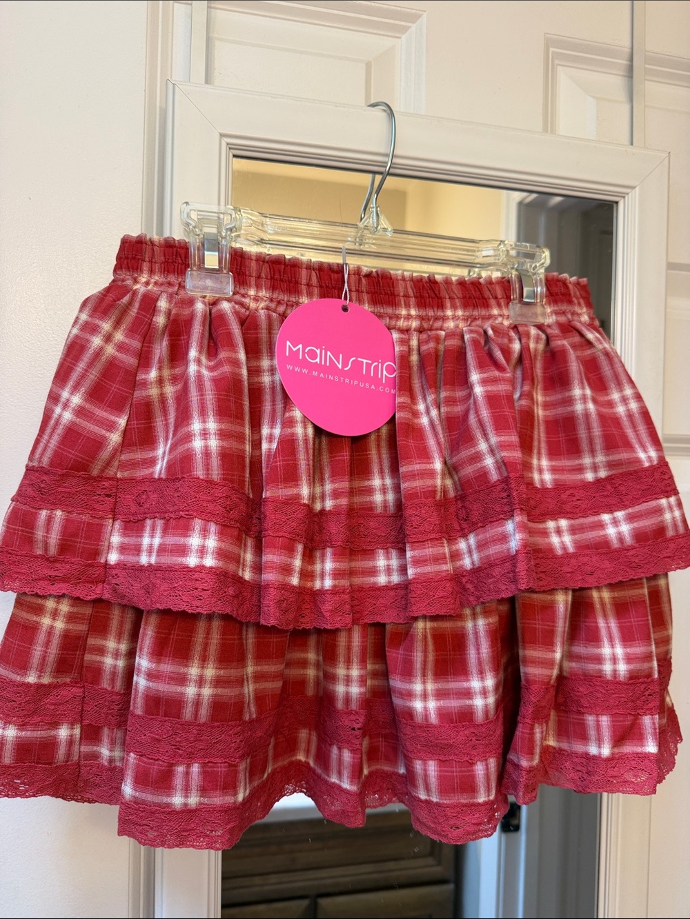 Main Strip Red Plaid Lace-Trim Skater Mini Skort